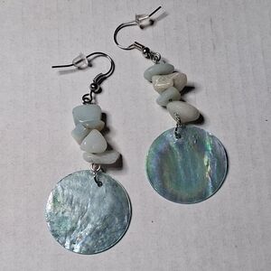 Artisan Dangle Earrings Blue  White Bead Chips Shimmery Disc Silver Fish Hook